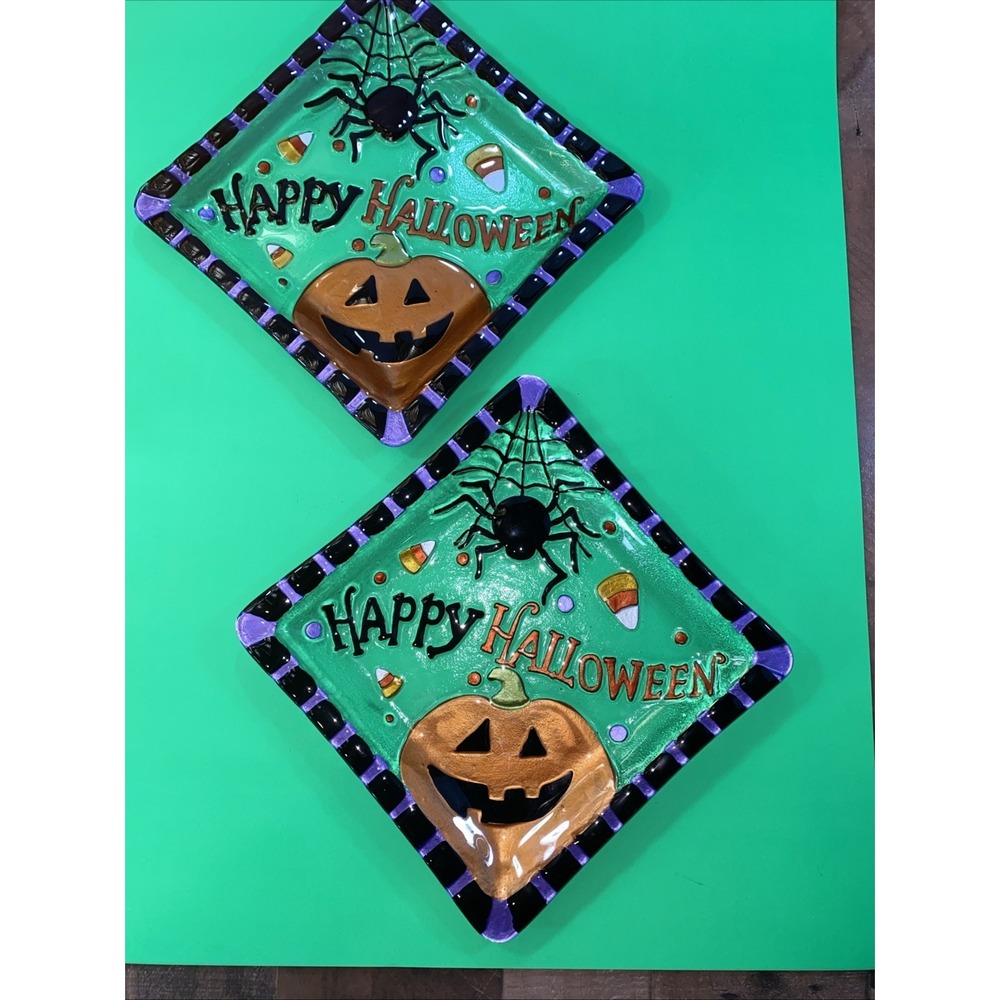 Happy Halloween Fused Glass Square Platter 10" Spider-Jack O' Lantern ~ Set Of 2